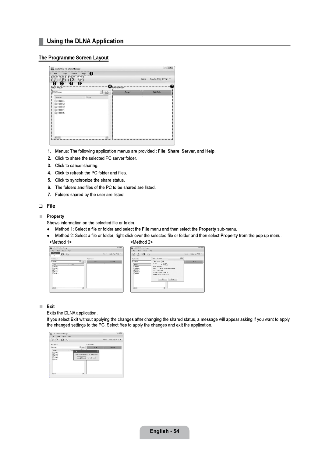 Samsung UE40B7000WWXUA, UE32B7000WPXXN manual Using the Dlna Application, Programme Screen Layout, File, Property, Exit 