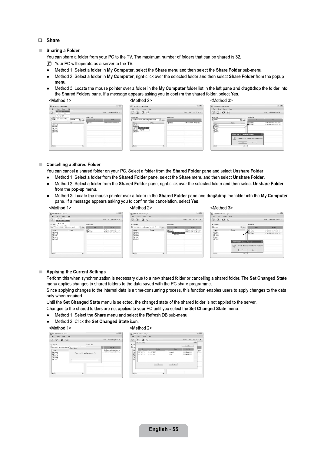 Samsung UE32B7000WPXXN manual Sharing a Folder, Method, Cancelling a Shared Folder, Applying the Current Settings 