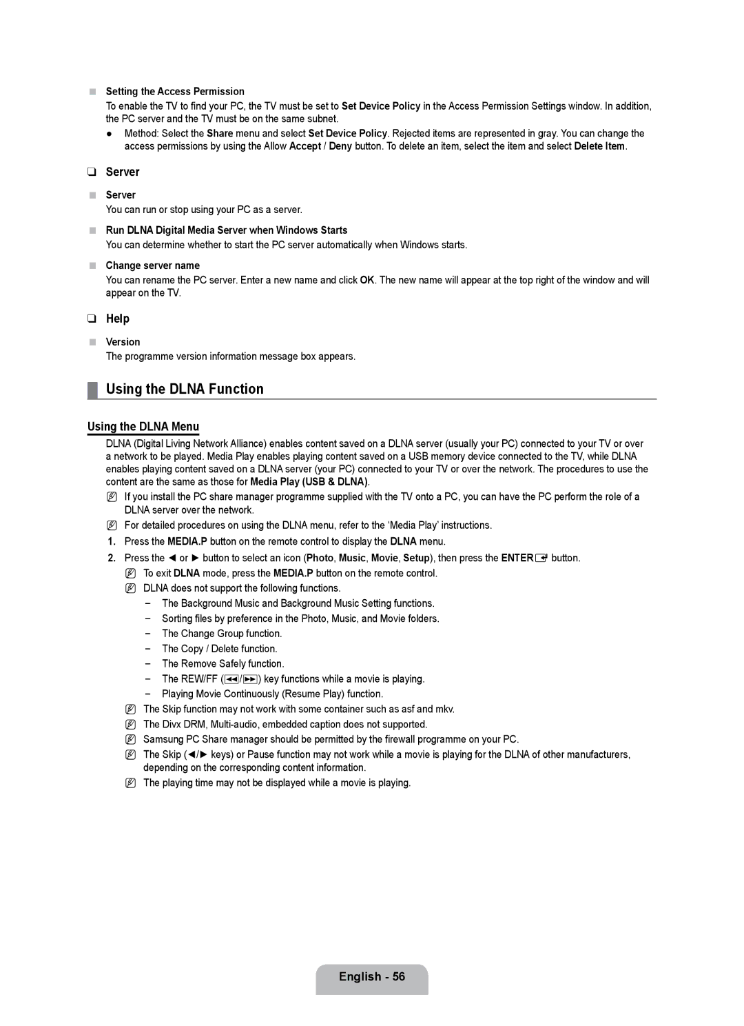 Samsung UE40B7000WWXZG, UE40B7000WWXUA, UE32B7000WPXXN manual Using the Dlna Function, Server, Help, Using the Dlna Menu 