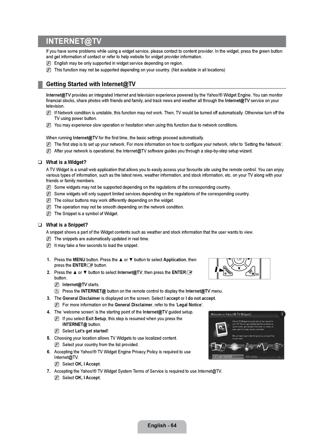 Samsung UE40B7000WWXZG, UE40B7000WWXUA manual Getting Started with Internet@TV, What is a Widget?, What is a Snippet? 