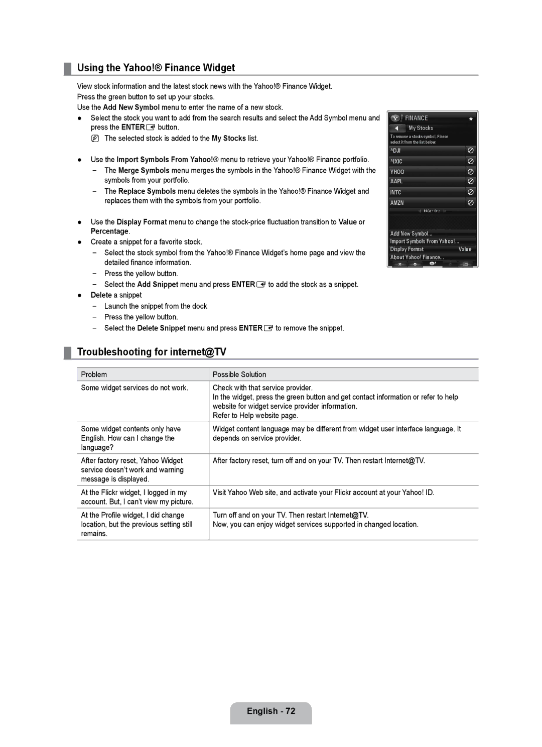 Samsung UE40B7000WWXZG manual Using the Yahoo! Finance Widget, Troubleshooting for internet@TV, Refer to Help website 