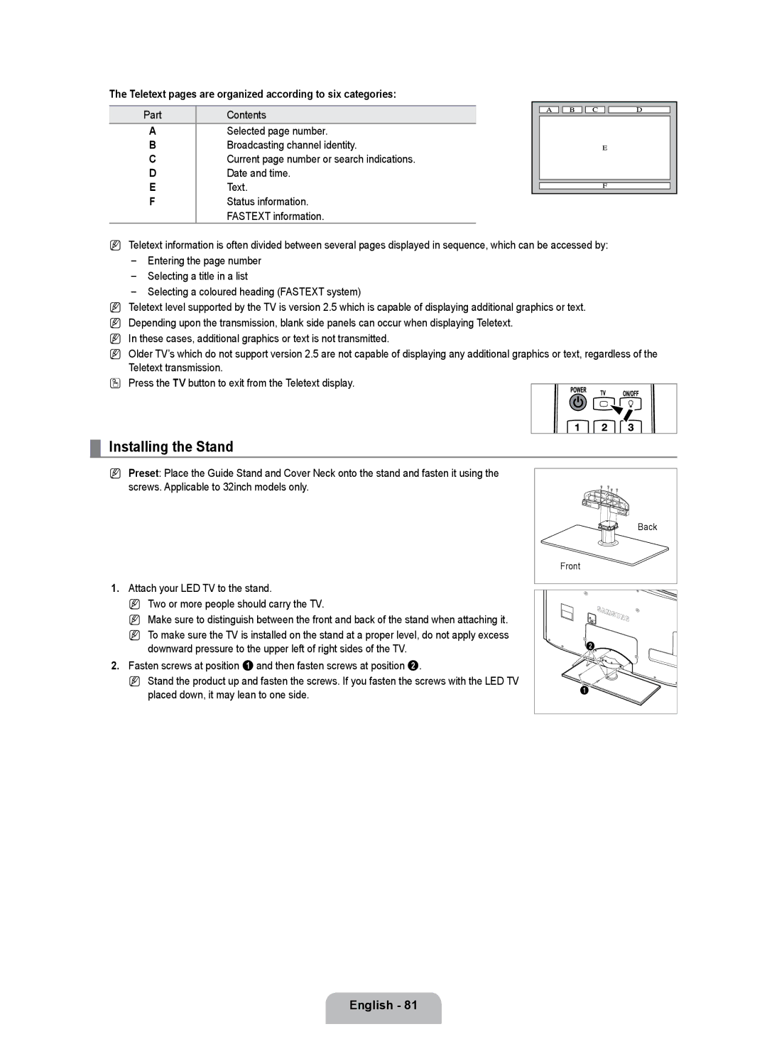 Samsung UE32B7000WPXZG manual Installing the Stand, Teletext pages are organized according to six categories, Part 