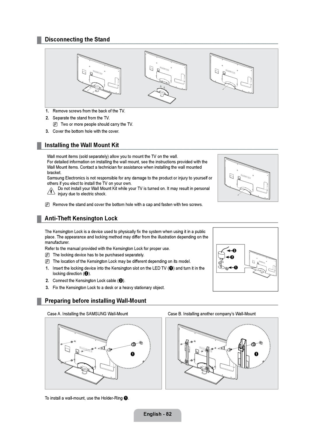 Samsung UE40B7000WWXXC Disconnecting the Stand, Installing the Wall Mount kit, Anti-Theft kensington Lock, English 2 