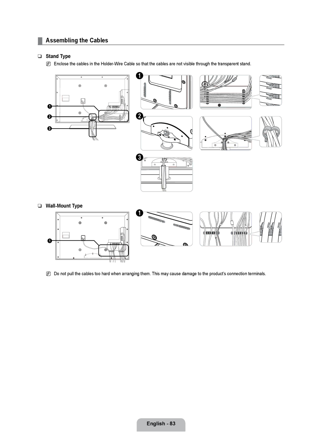 Samsung UE40B7000WWXXH, UE40B7000WWXUA, UE32B7000WPXXN manual Assembling the Cables, Stand Type, Wall-Mount Type, English 3 