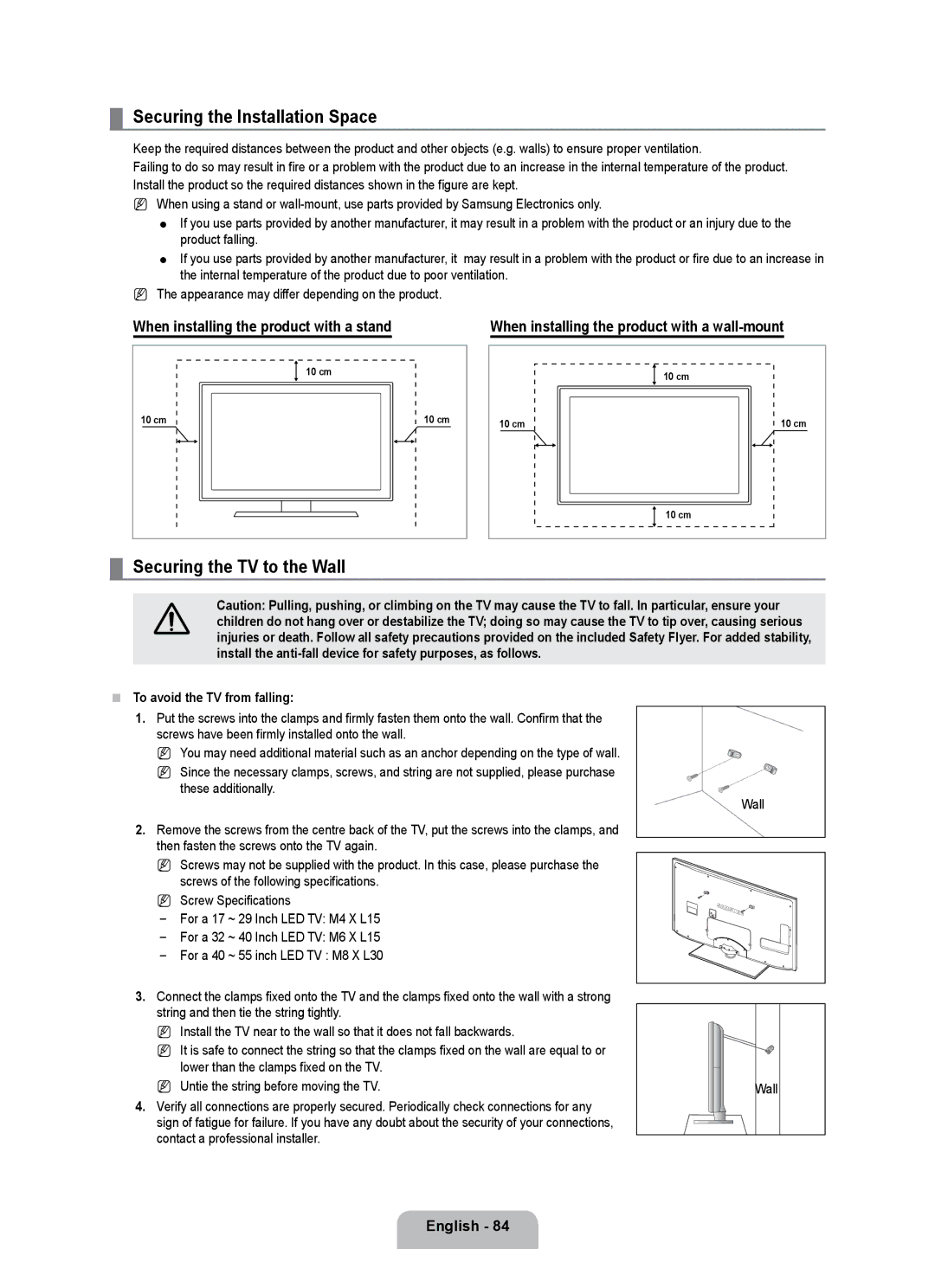 Samsung UE40B7000WWXBT manual Securing the Installation Space, Securing the TV to the Wall, To avoid the TV from falling 