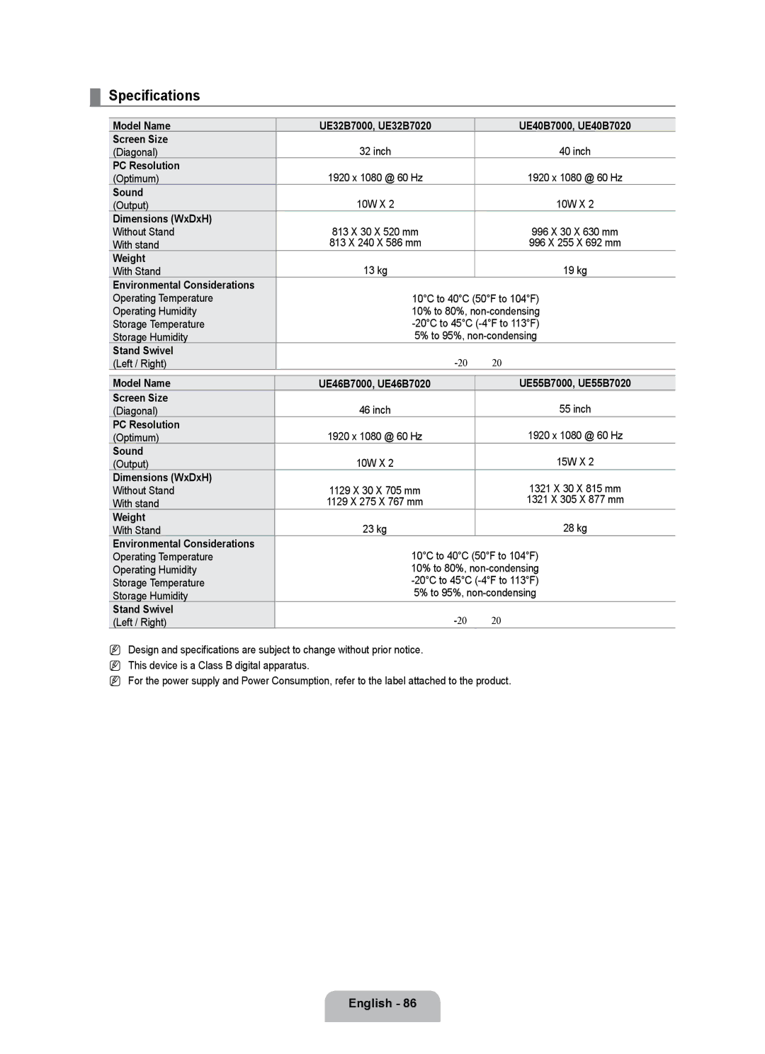 Samsung UE40B7000WWXUA, UE32B7000WPXXN, UE40B7000WWXZG, UE32B7000WPXZG, UE40B7000WWXXC, UE40B7000WWXXH manual Specifications 