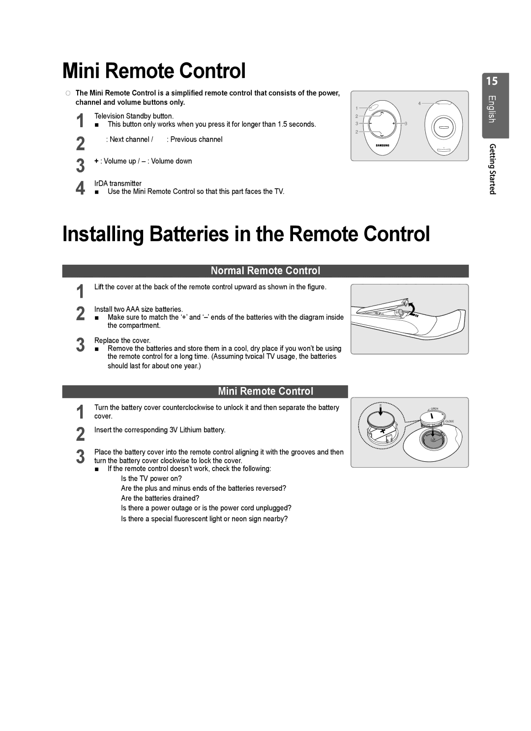 Samsung UE40B7000, UE40B7020 Mini Remote Control, Installing Batteries in the Remote Control, Normal Remote Control 