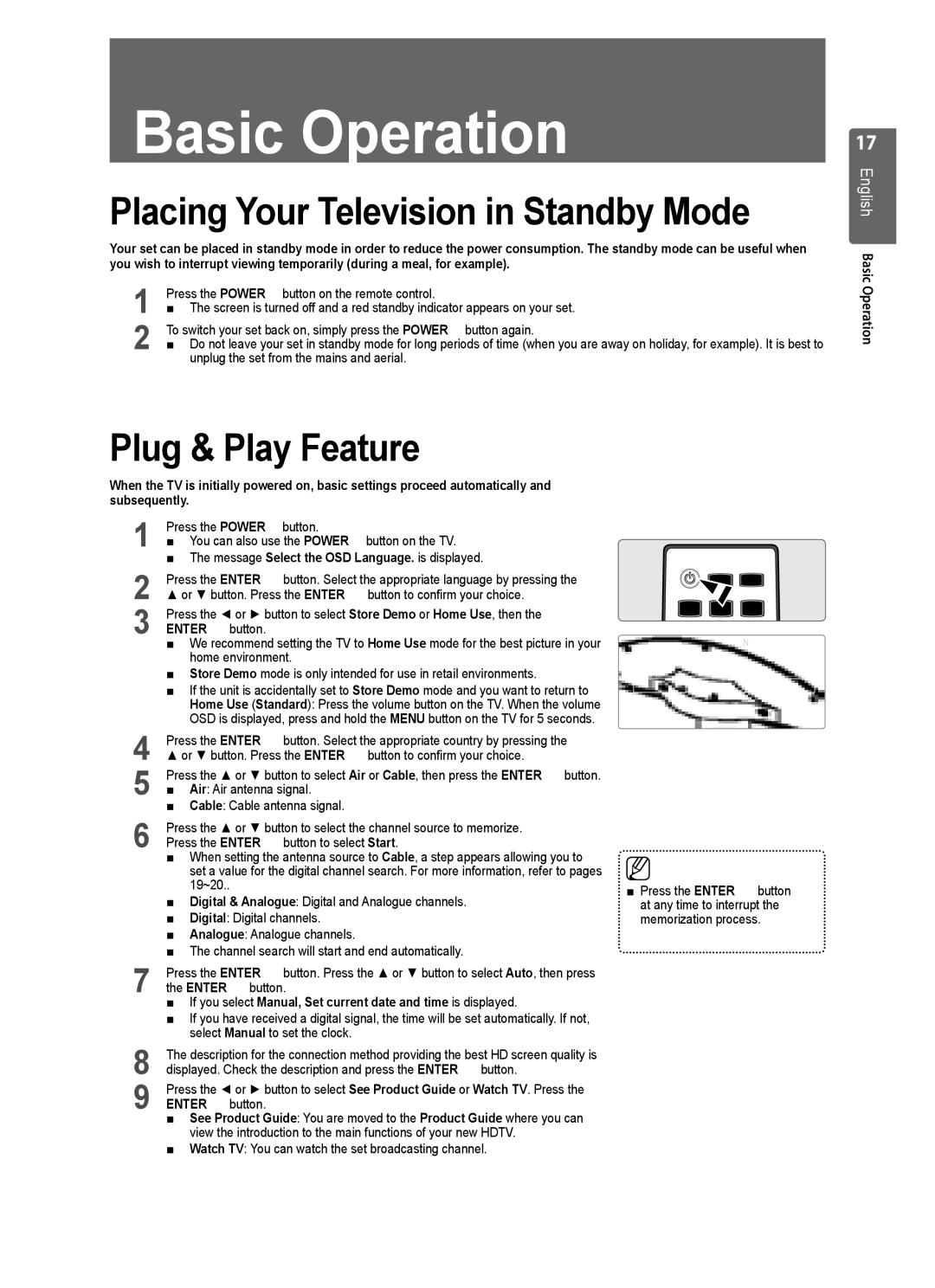 Samsung UE46B7020, UE40B7020 Placing Your Television in Standby Mode, Plug & Play Feature, English Basic Operation 