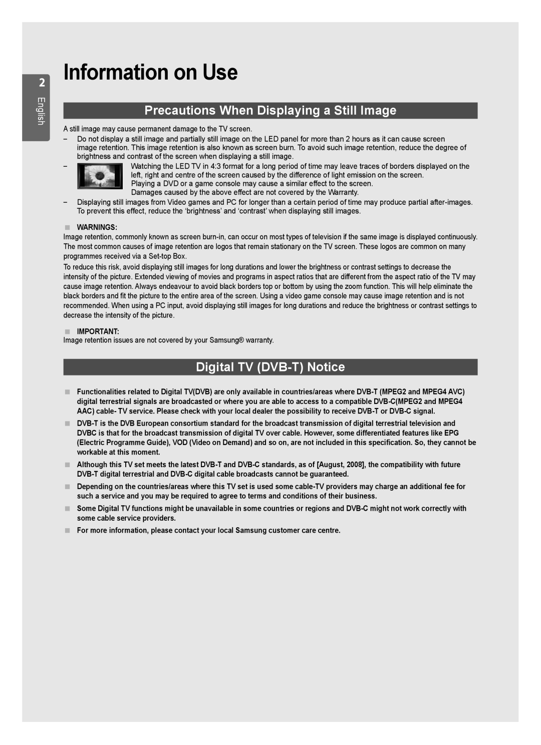 Samsung UE46B7000, UE40B7020 Information on Use, Precautions When Displaying a Still Image, Digital TV DVB-T Notice 