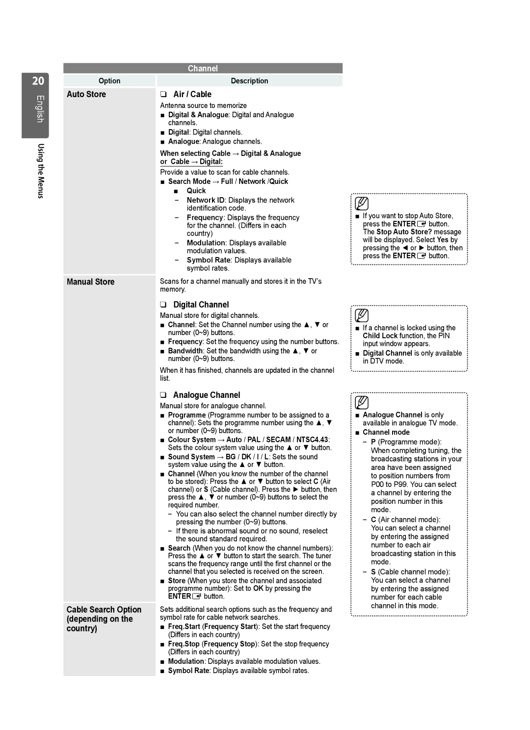 Samsung UE40B7020, UE46B7020, UE46B7000 Auto Store Air / Cable, Manual Store, Cable Search Option, Depending on, Country 
