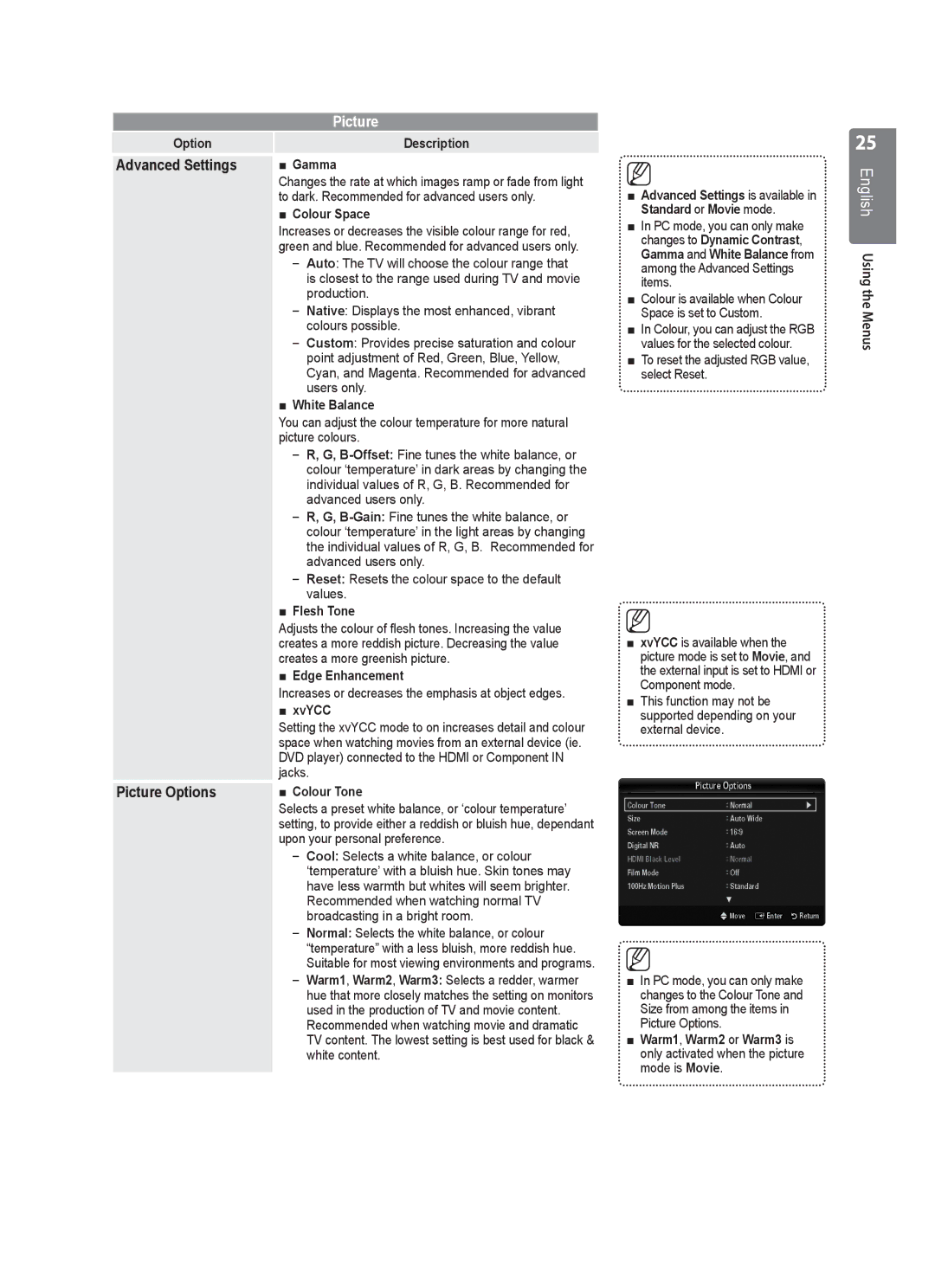 Samsung UE46B7020, UE40B7020, UE46B7000, UE40B7000 user manual Picture Options 