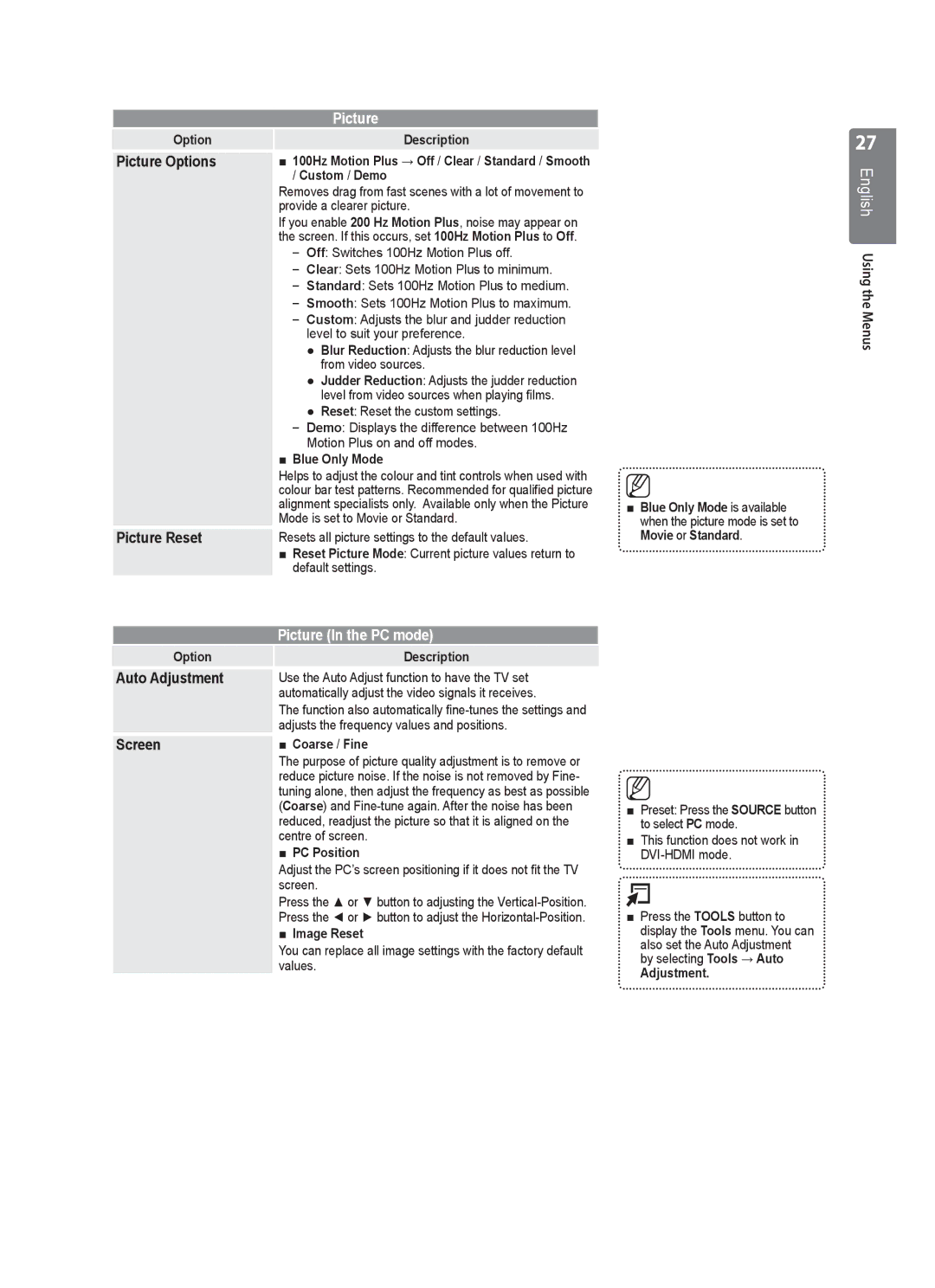 Samsung UE40B7000, UE40B7020, UE46B7020, UE46B7000 user manual Picture Reset, Auto Adjustment, Screen 