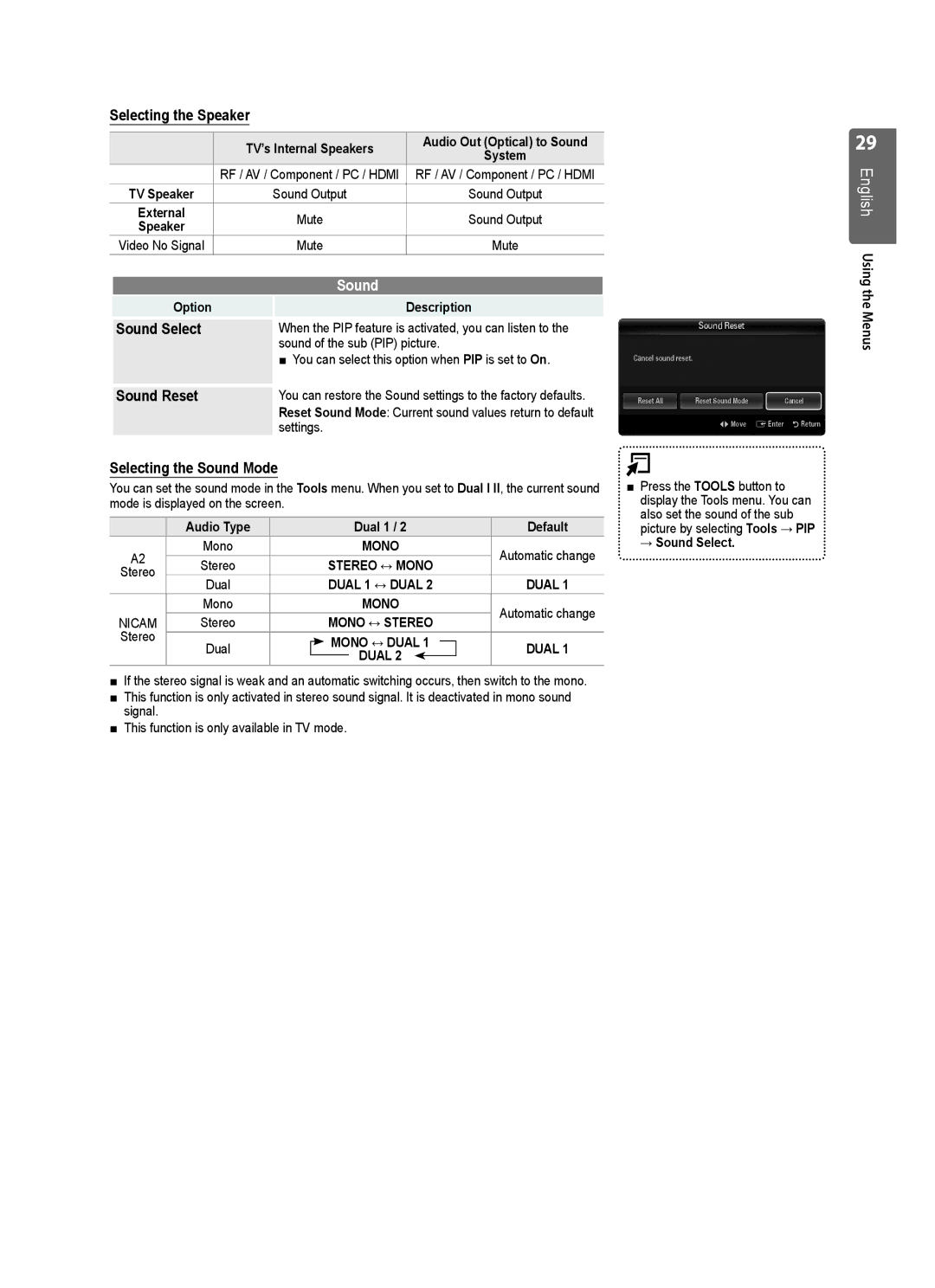 Samsung UE46B7020, UE40B7020, UE46B7000 Selecting the Speaker, Sound Select, Sound Reset, Selecting the Sound Mode 