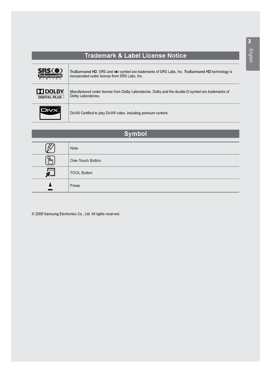 Samsung UE40B7000, UE40B7020, UE46B7020 Trademark & Label License Notice, Symbol, One-Touch Button Tool Button Press 