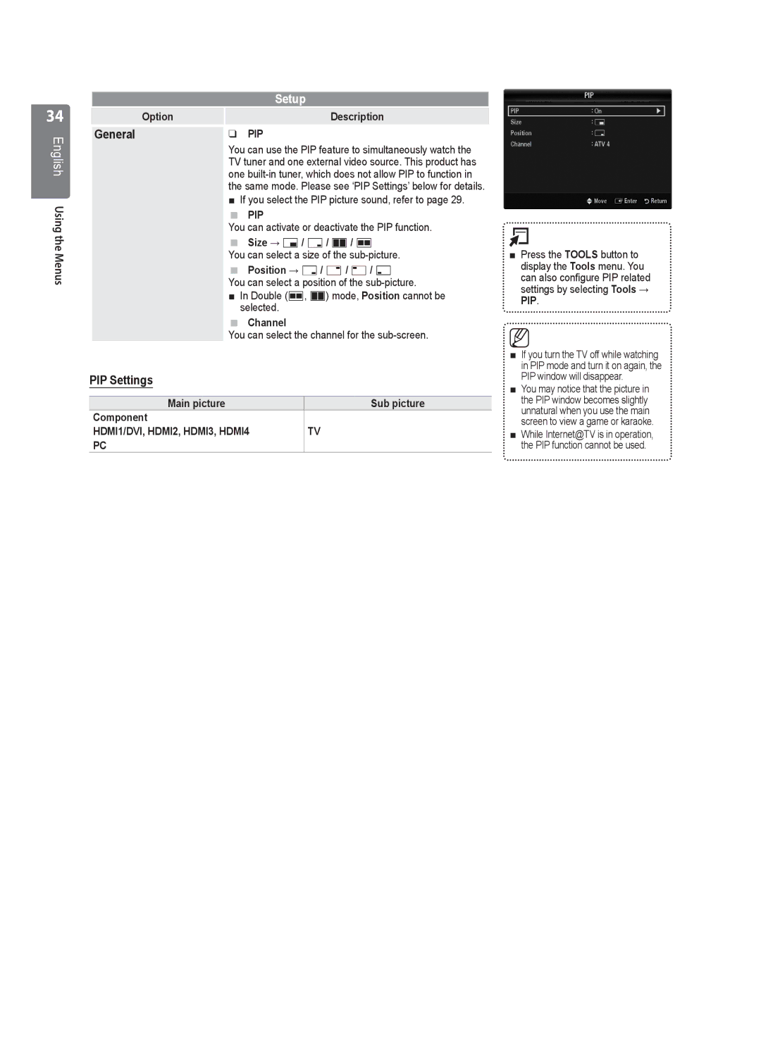 Samsung UE46B7000, UE40B7020, UE46B7020, UE40B7000 user manual PIP Settings 