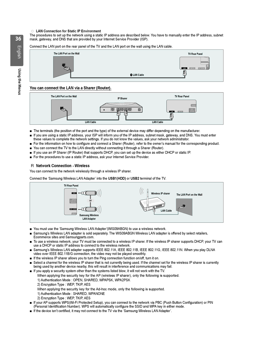 Samsung UE40B7020, UE46B7020, UE46B7000, UE40B7000 Network Connection Wireless, LAN Connection for Static IP Environment 