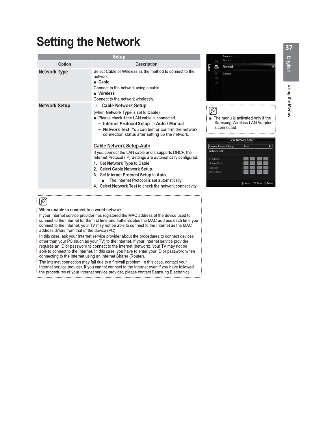 Samsung UE46B7020 Setting the Network, Network Type, Network Setup Cable Network Setup, Cable Network Setup-Auto 