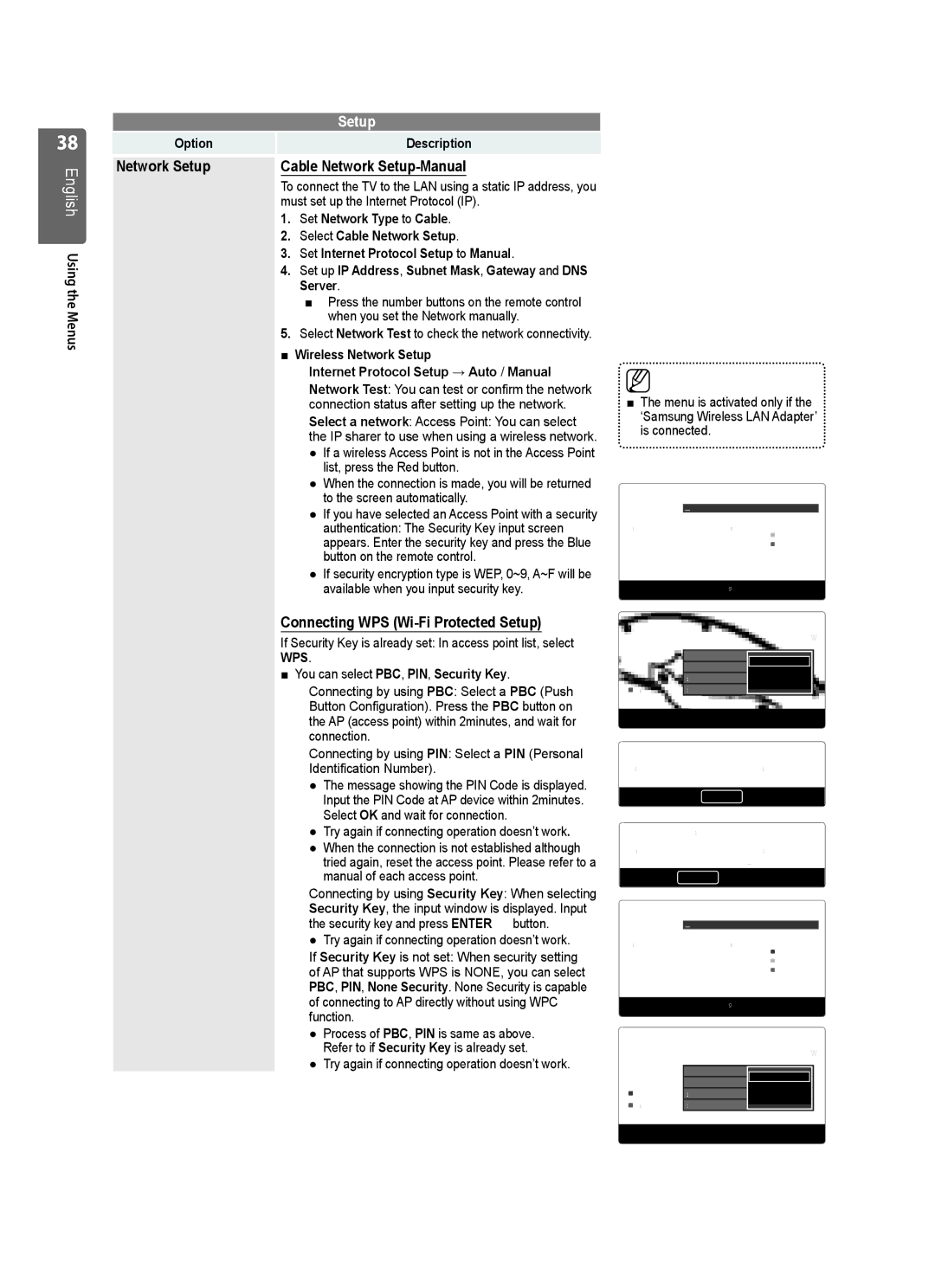 Samsung UE46B7000, UE40B7020, UE46B7020 Network Setup Cable Network Setup-Manual, Connecting WPS Wi-Fi Protected Setup 