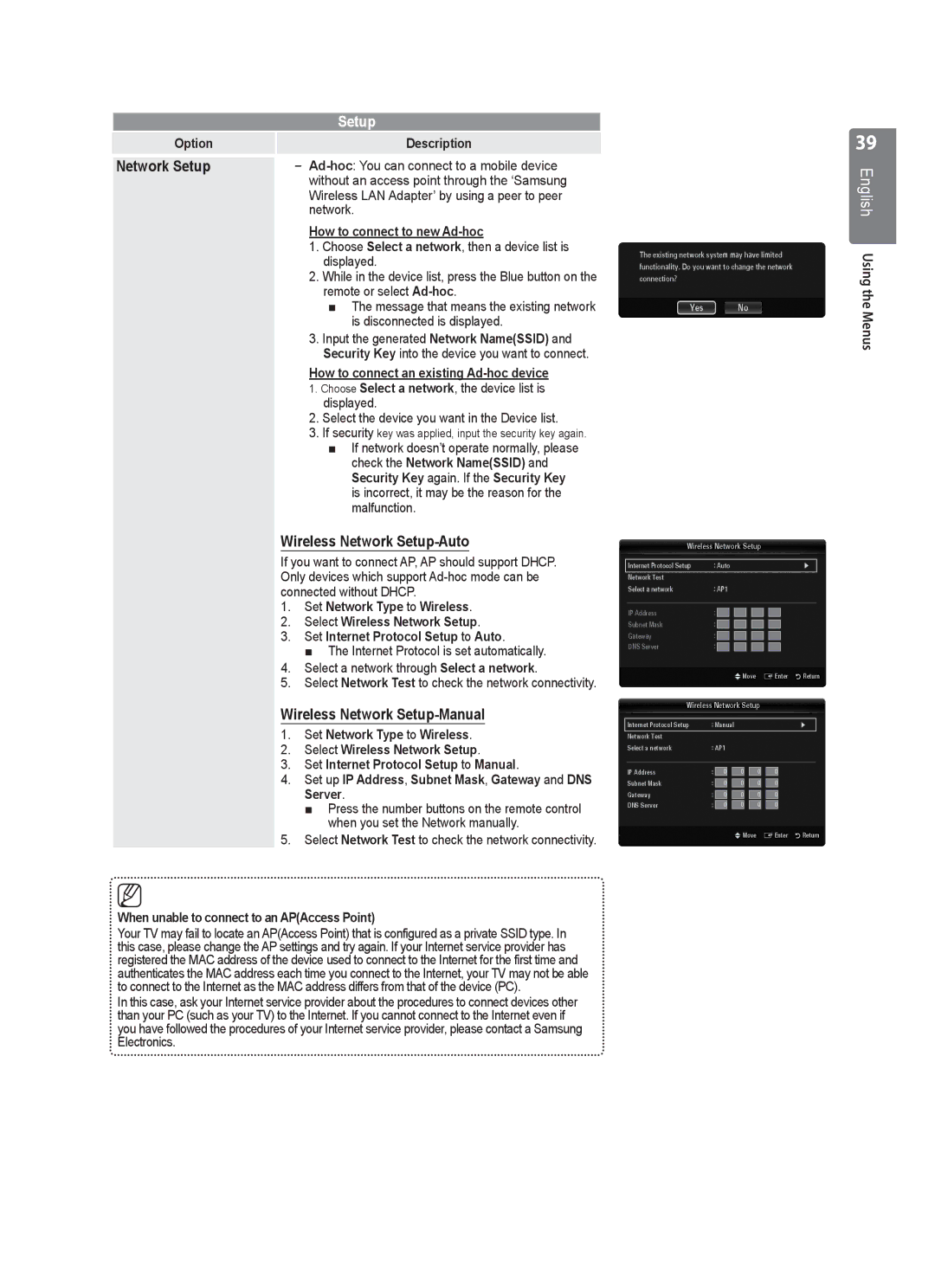 Samsung UE40B7000, UE40B7020 Wireless Network Setup-Auto, Wireless Network Setup-Manual, How to connect to new Ad-hoc 