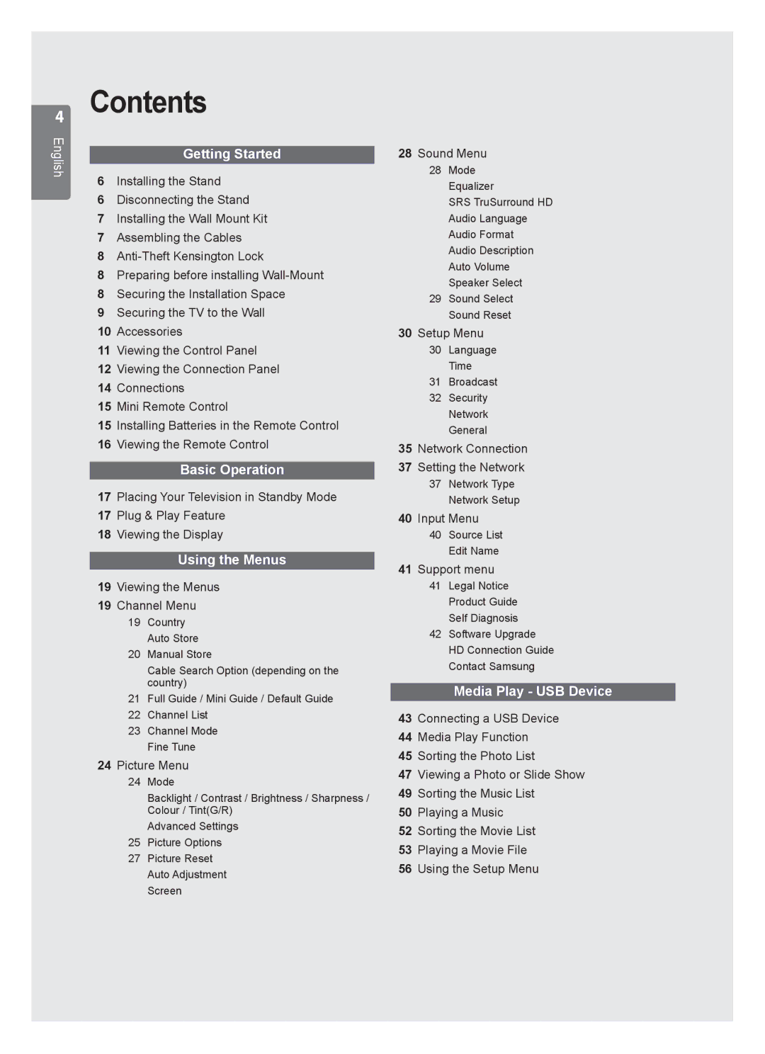 Samsung UE40B7020, UE46B7020, UE46B7000, UE40B7000 user manual Contents 