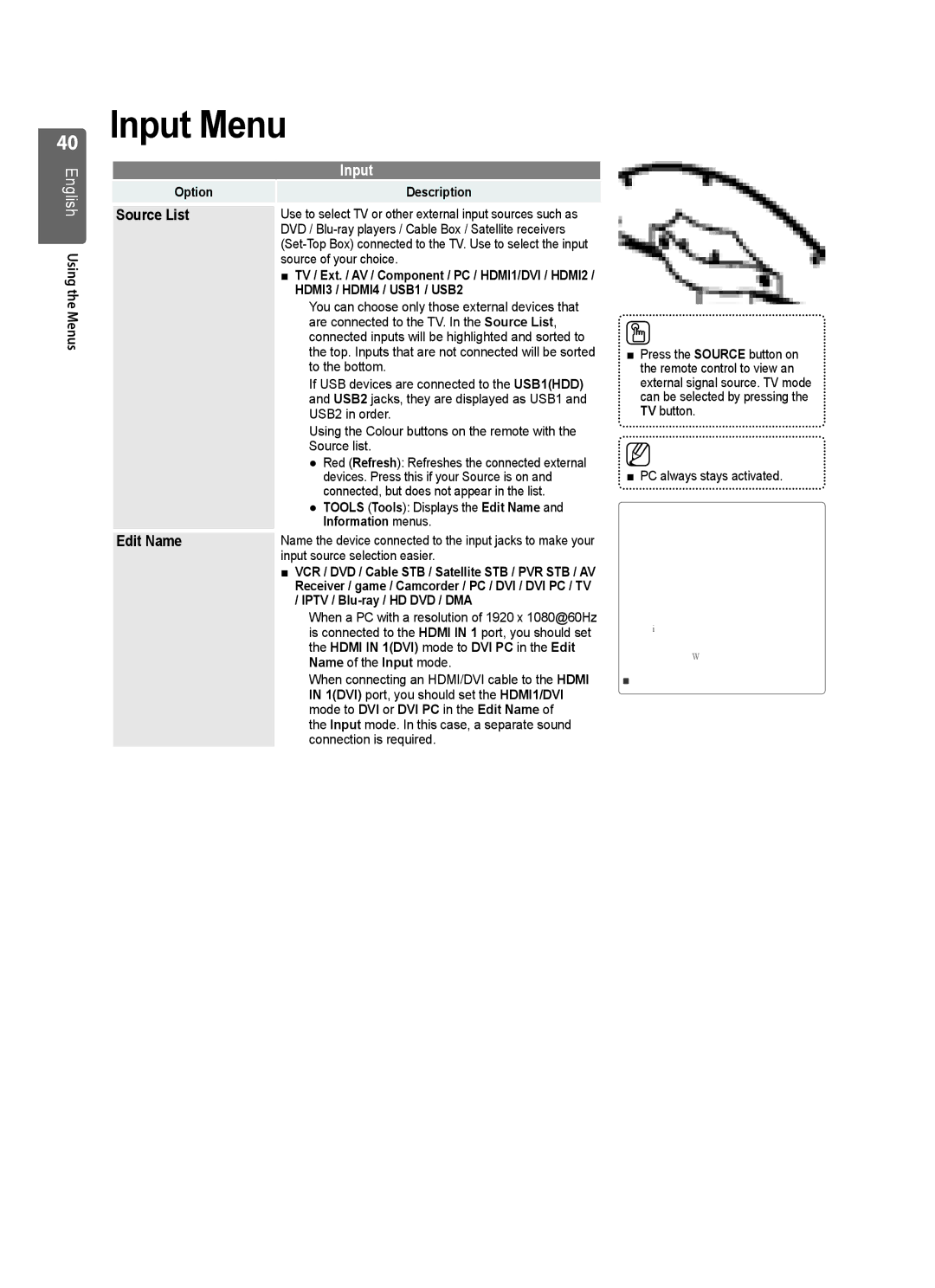 Samsung UE40B7020, UE46B7020, UE46B7000, UE40B7000 user manual Input Menu, Source List, Edit Name 