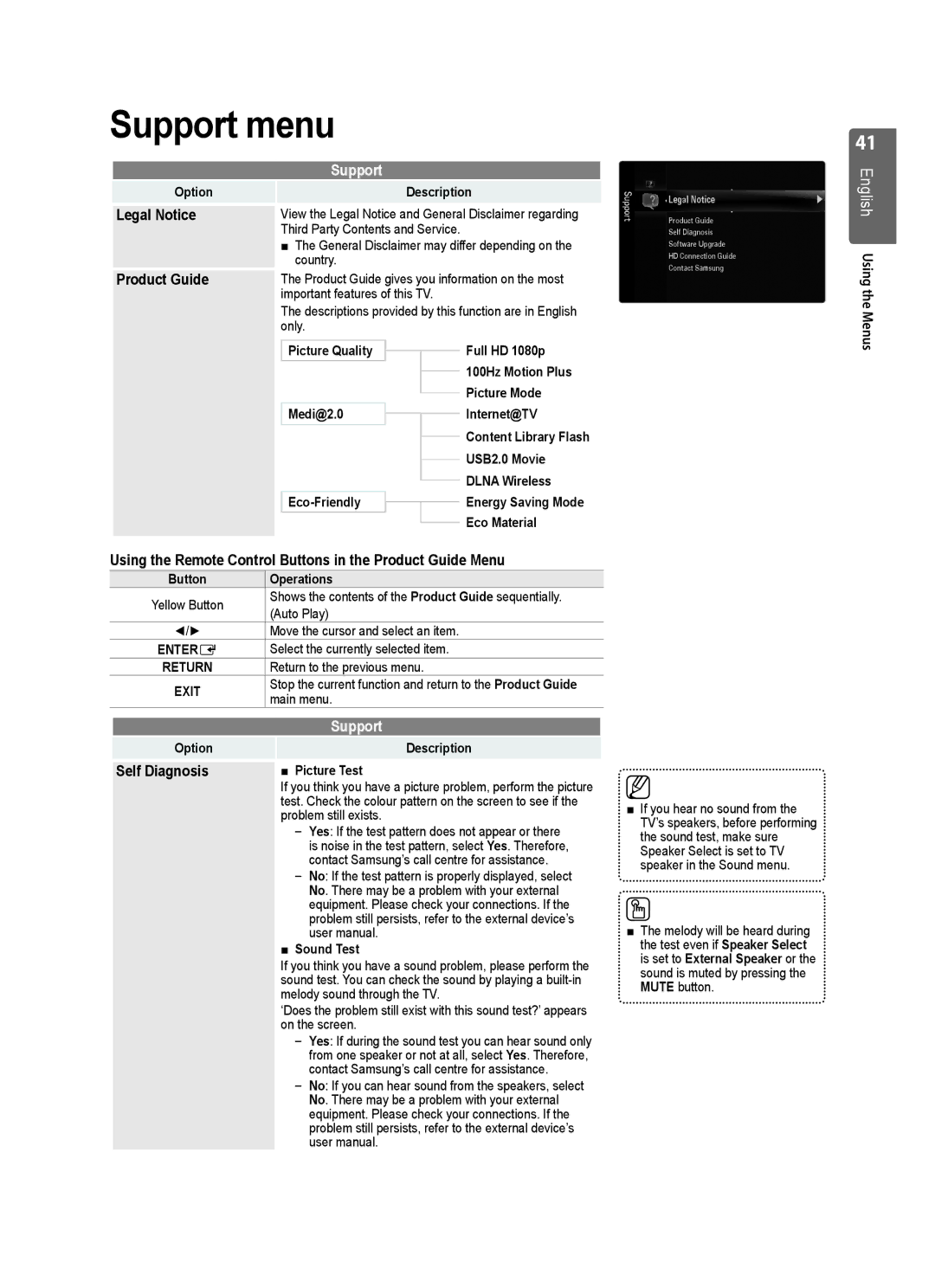 Samsung UE46B7020, UE40B7020 Support menu, Legal Notice, Using the Remote Control Buttons in the Product Guide Menu 