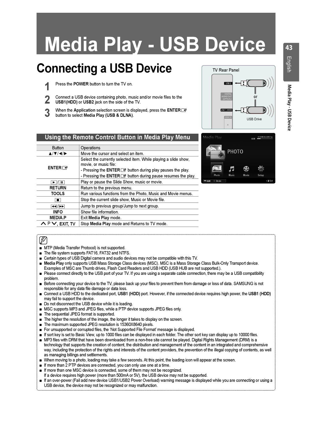 Samsung UE40B7000 Connecting a USB Device, Button to select Media Play USB & Dlna, English Media Play USB Device, ∂/∑ 