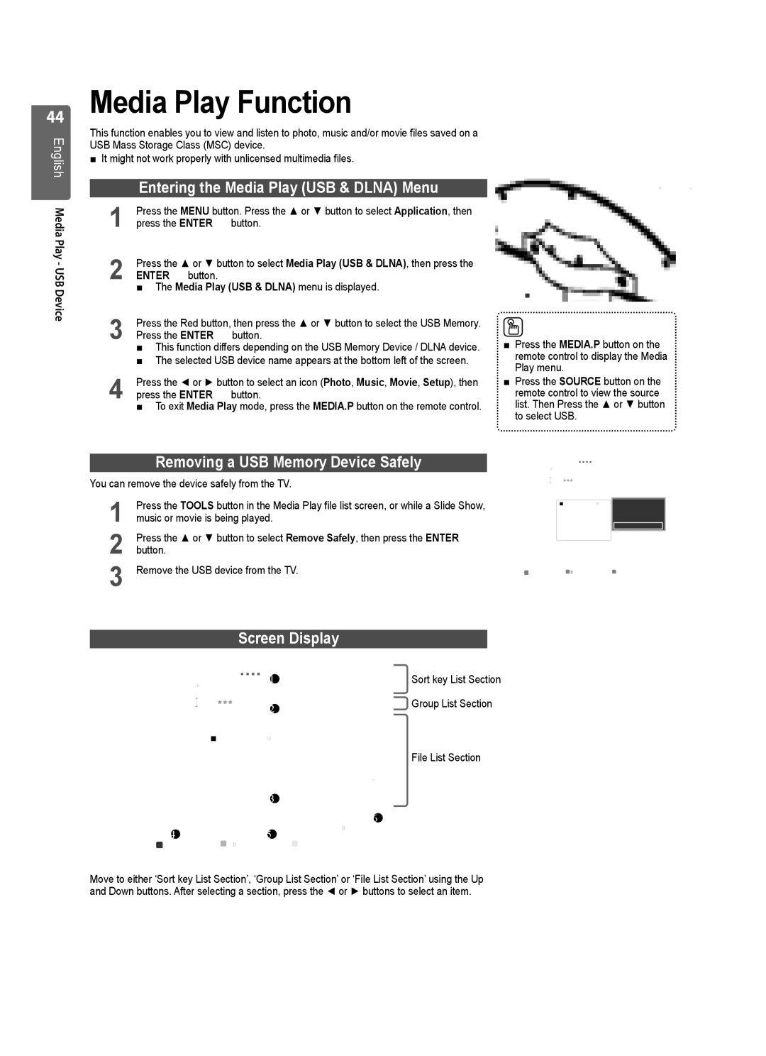 Samsung UE40B7020 Media Play Function, Entering the Media Play USB & Dlna Menu, Removing a USB Memory Device Safely 