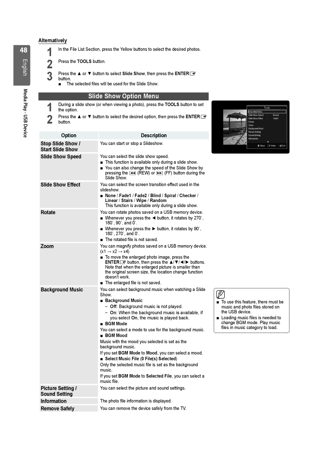 Samsung UE40B7020, UE46B7020, UE46B7000, UE40B7000 user manual Slide Show Option Menu 