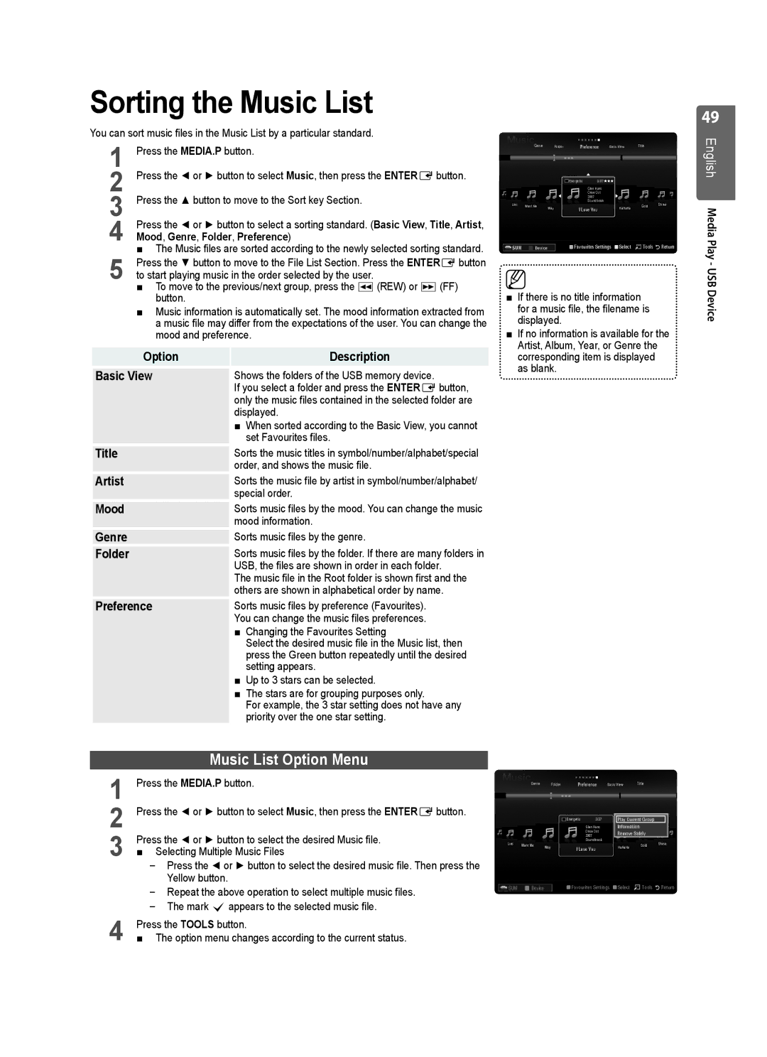 Samsung UE46B7020, UE40B7020, UE46B7000, UE40B7000 user manual Sorting the Music List, Music List Option Menu 