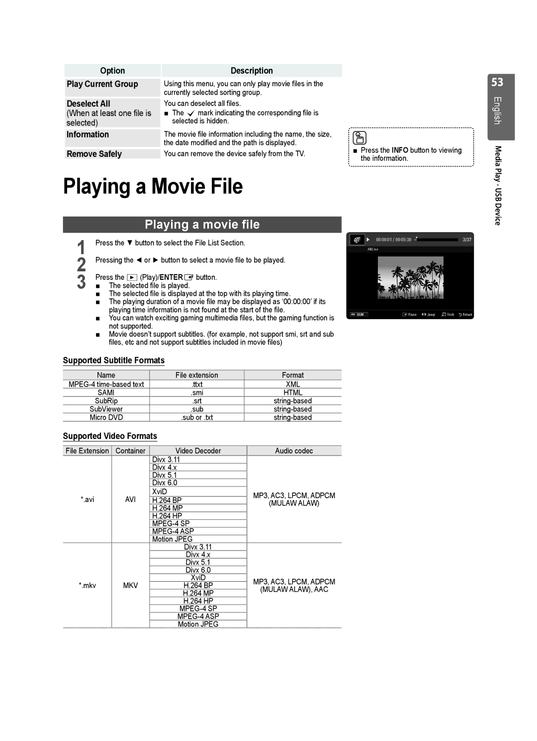 Samsung UE46B7020 Playing a Movie File, Playing a movie file, Supported Subtitle Formats, Supported Video Formats 