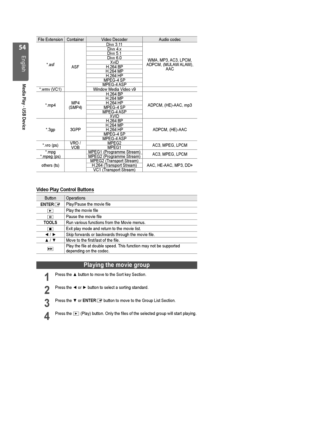 Samsung UE46B7000, UE40B7020, UE46B7020, UE40B7000 user manual Playing the movie group, Video Play Control Buttons 