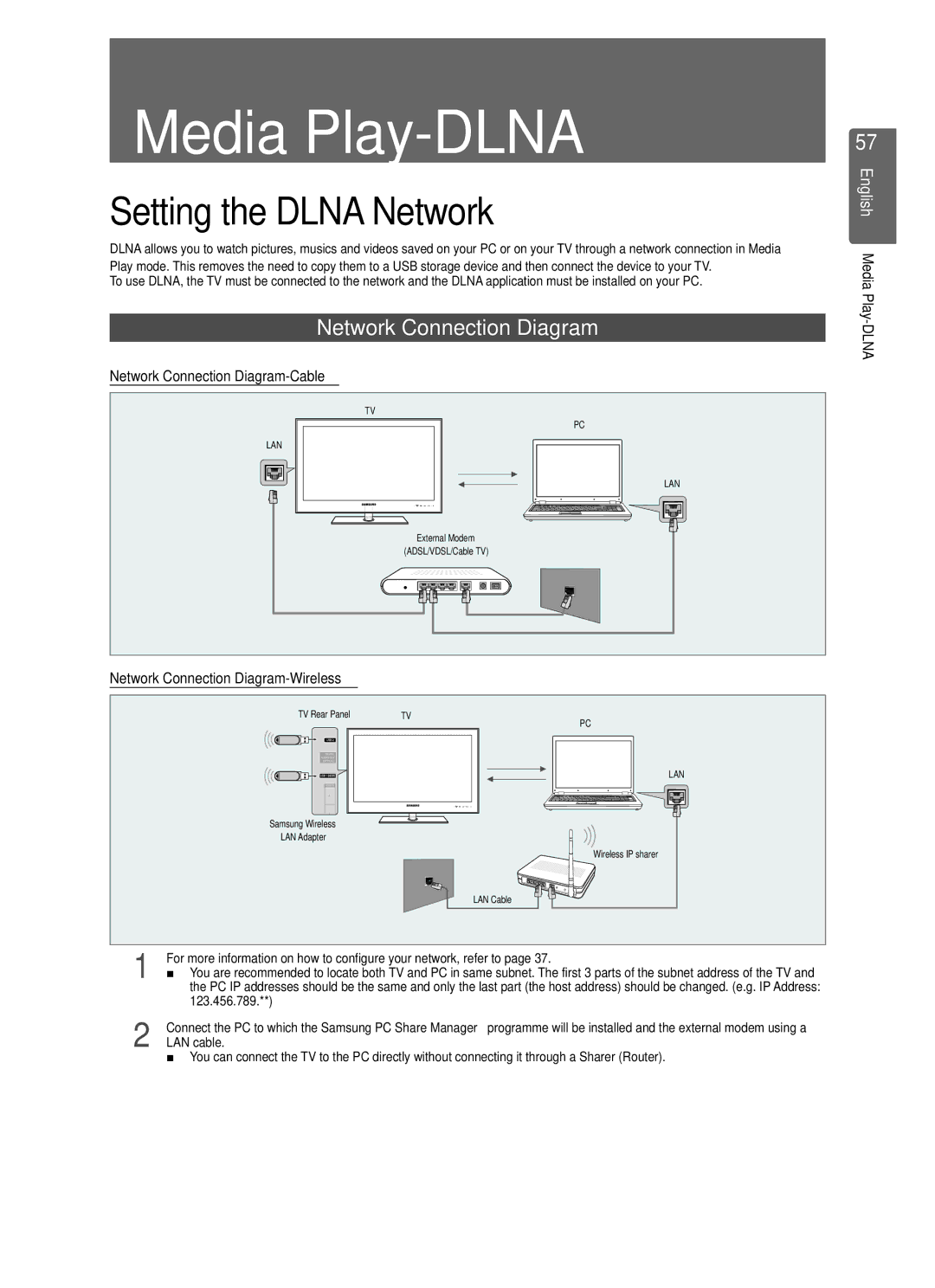 Samsung UE46B7020 Setting the Dlna Network, Network Connection Diagram-Cable, Network Connection Diagram-Wireless 