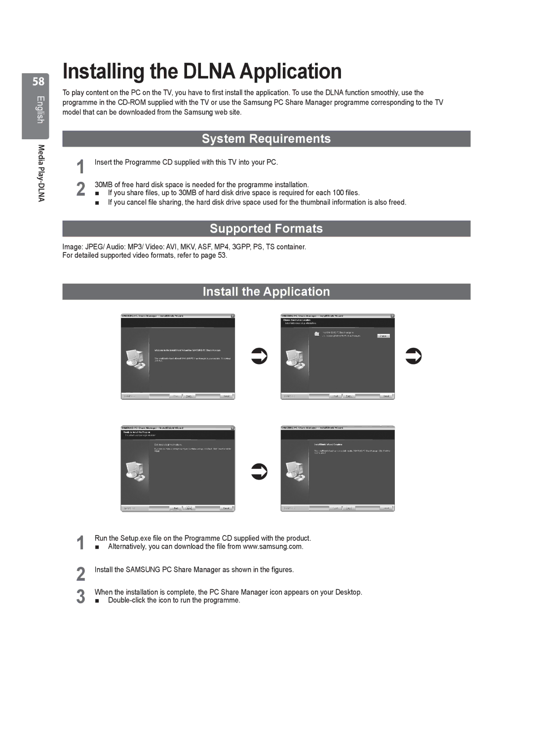 Samsung UE46B7000 Installing the Dlna Application, System Requirements, Supported Formats, Install the Application 