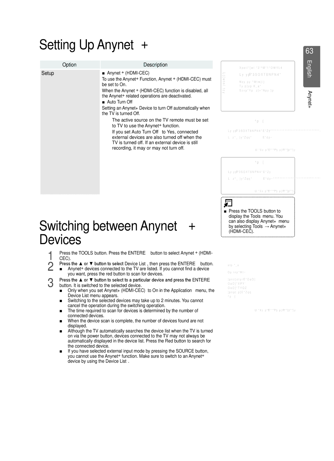 Samsung UE40B7000, UE40B7020, UE46B7020 Setting Up Anynet+, Switching between Anynet+ Devices, Option Description, Setup 