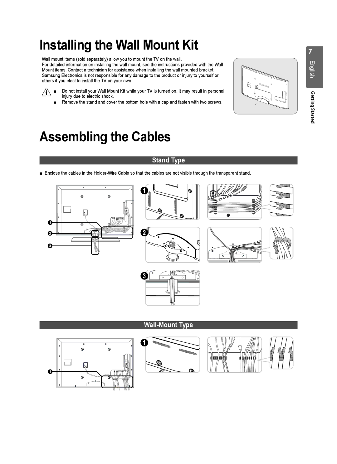 Samsung UE40B7000, UE40B7020, UE46B7020 Installing the Wall Mount Kit, Assembling the Cables, Stand Type, Wall-Mount Type 