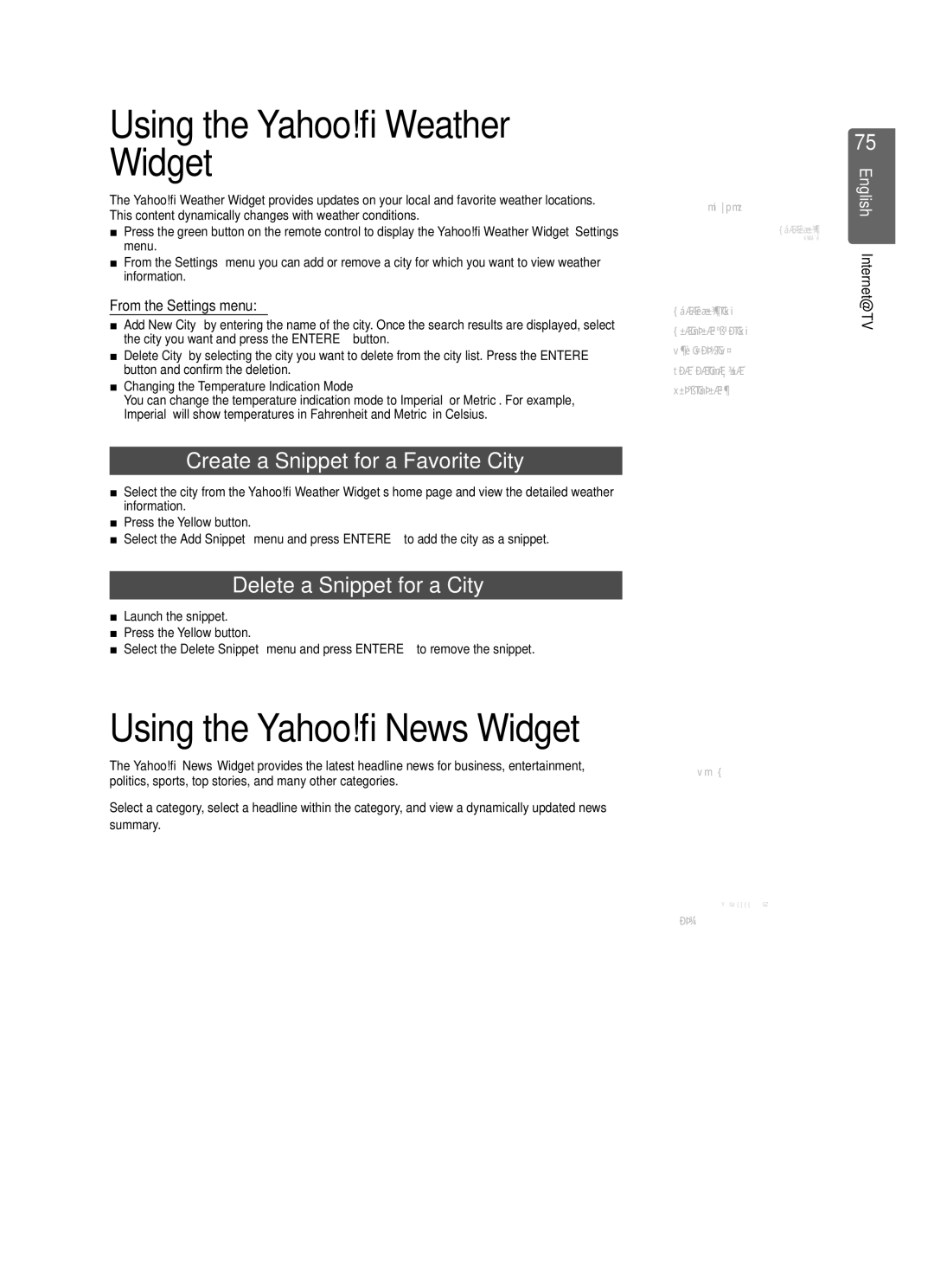Samsung UE40B7000 Using the Yahoo! Weather Widget, Create a Snippet for a Favorite City, Delete a Snippet for a City 