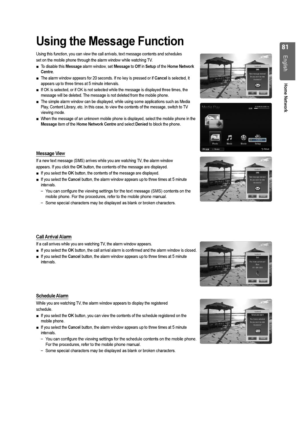 Samsung UE46B7020, UE40B7020, UE46B7000, UE40B7000 user manual Message View, Call Arrival Alarm, Schedule Alarm 