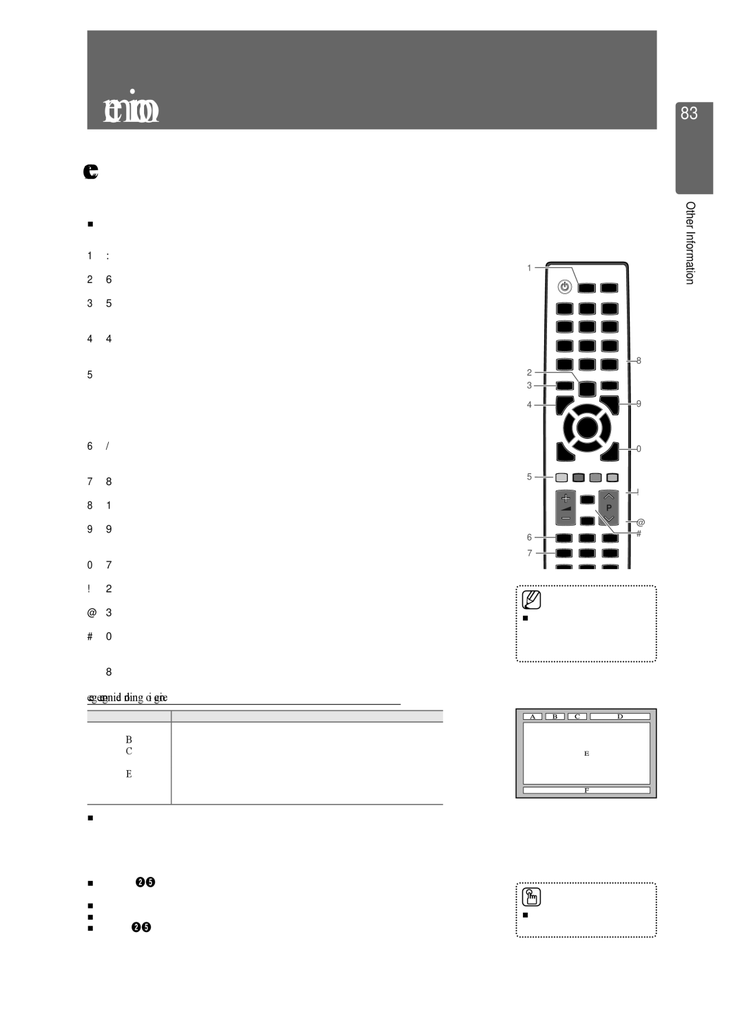 Samsung UE40B7000, UE40B7020 Teletext Feature, Teletext pages are organized according to six categories, Information, Part 