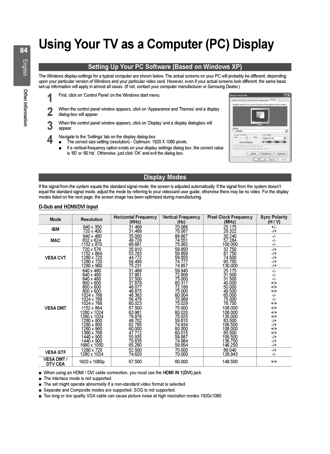 Samsung UE40B7020 Using Your TV as a Computer PC Display, Setting Up Your PC Software Based on Windows XP, Display Modes 