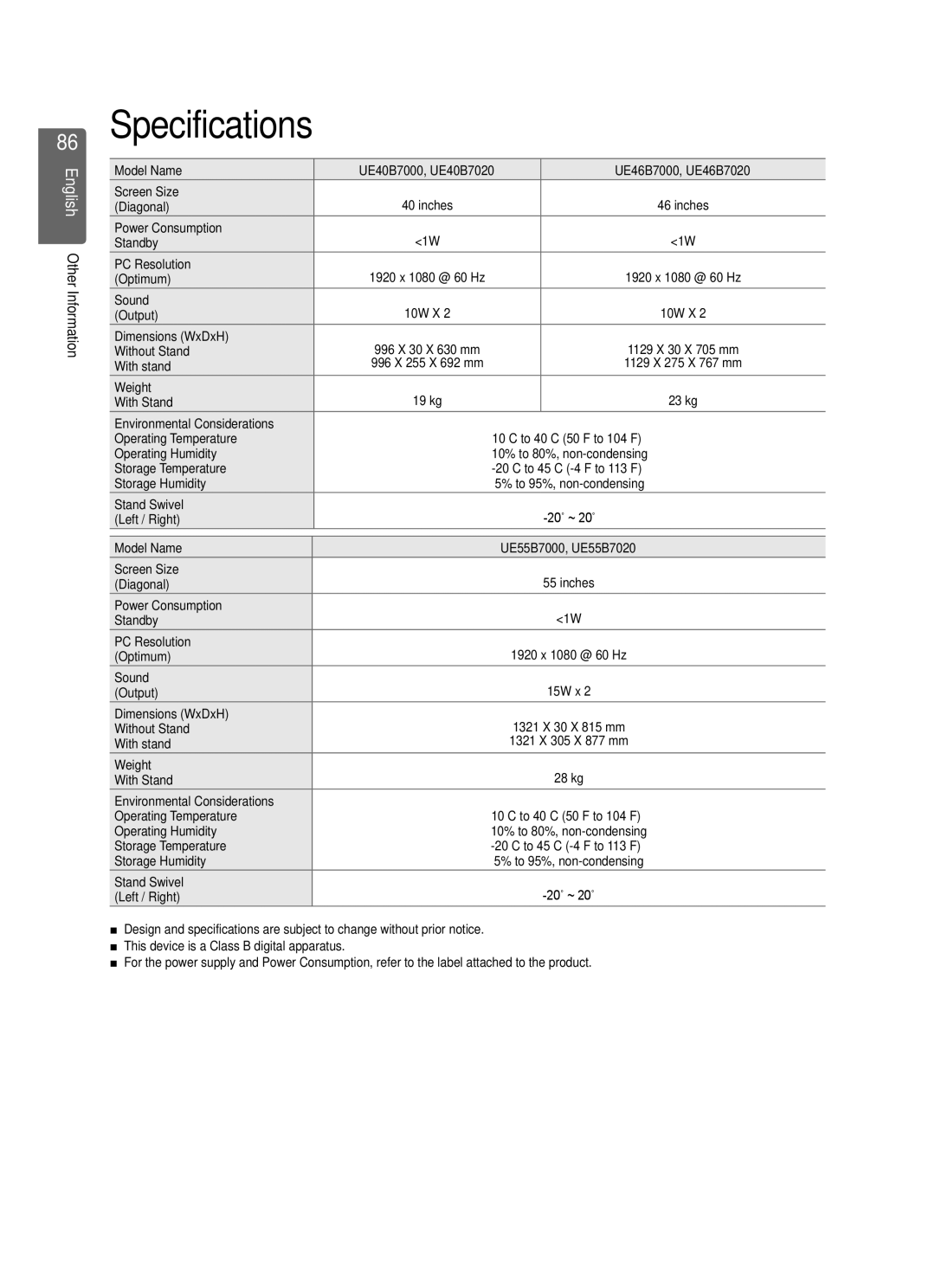 Samsung UE46B7000, UE40B7020, UE46B7020, UE40B7000 user manual Specifications 