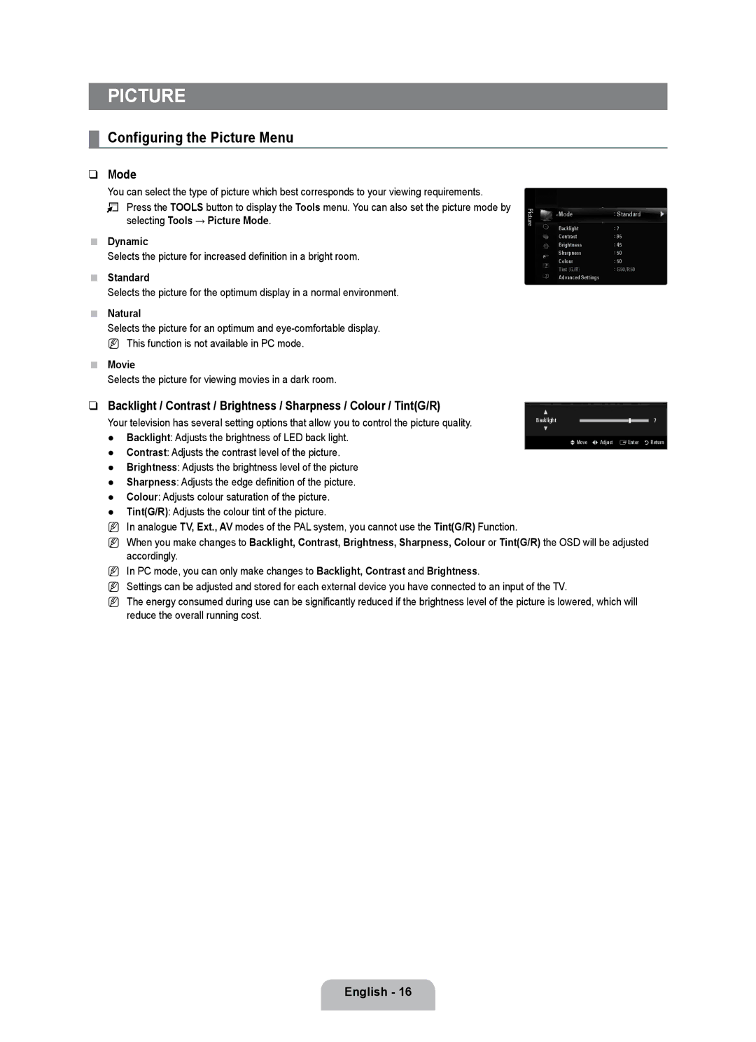 Samsung UE46B7000WWXUA, UE40B7020WWXUA, UE40B7000WWXUA, UE40B7020WWXXN, UE55B7000WWXXN Configuring the Picture Menu, Mode 