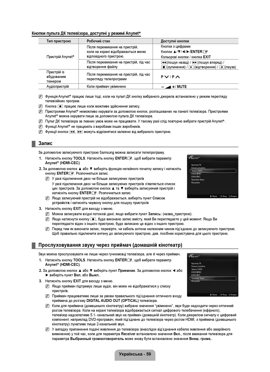 Samsung UE40B7020WWXXN, UE40B7020WWXUA Запис, Прослуховування звуку через приймач домашній кінотеатр, Anynet + HDMI-CEC 