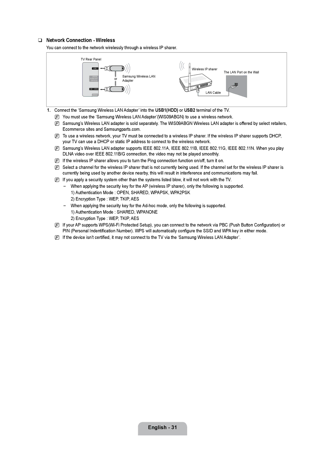 Samsung UE40B7020WWXXC, UE40B7020WWXUA, UE40B7000WWXUA, UE40B7020WWXXN, UE55B7000WWXXN manual Network Connection Wireless 