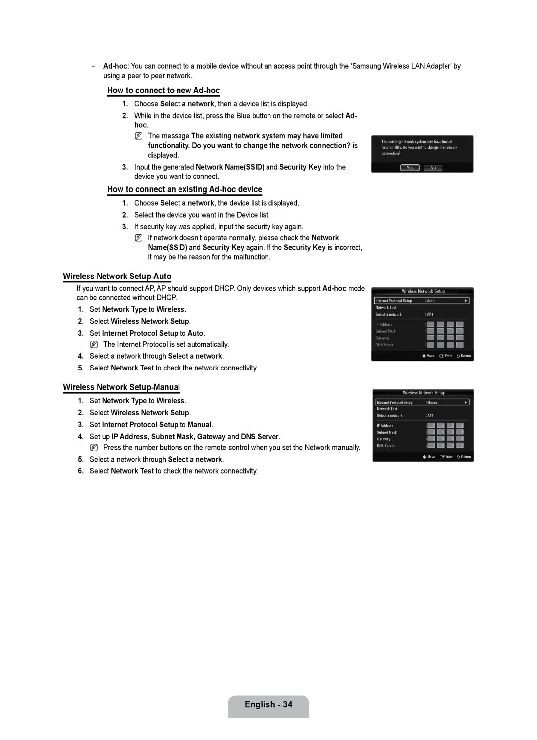 Samsung UE40B7020WWXUA How to connect to new Ad-hoc, How to connect an existing Ad-hoc device, Wireless Network Setup-Auto 