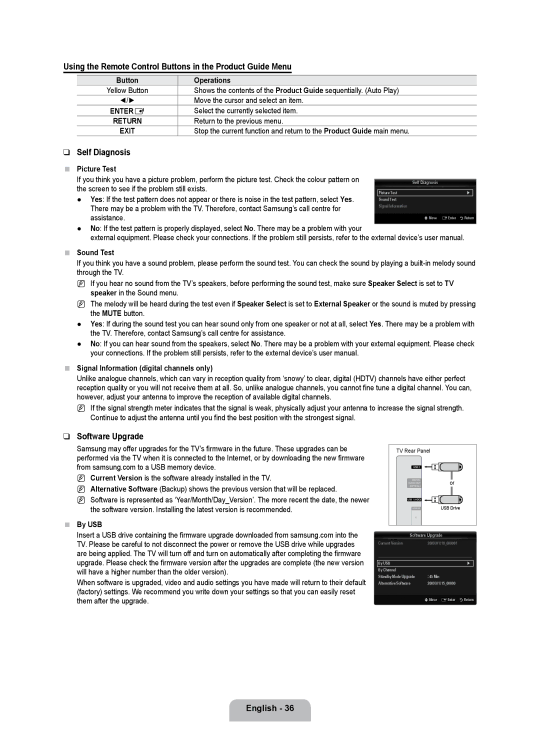 Samsung UE40B7020WWXXN manual Using the Remote Control Buttons in the Product Guide Menu, Self Diagnosis, Software Upgrade 