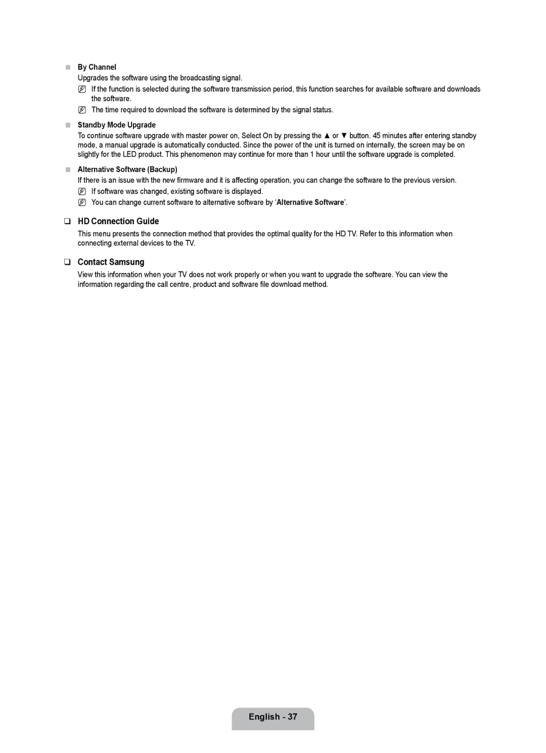 Samsung UE55B7000WWXXN HD Connection Guide, Contact Samsung, By Channel, Standby Mode Upgrade, Alternative Software Backup 