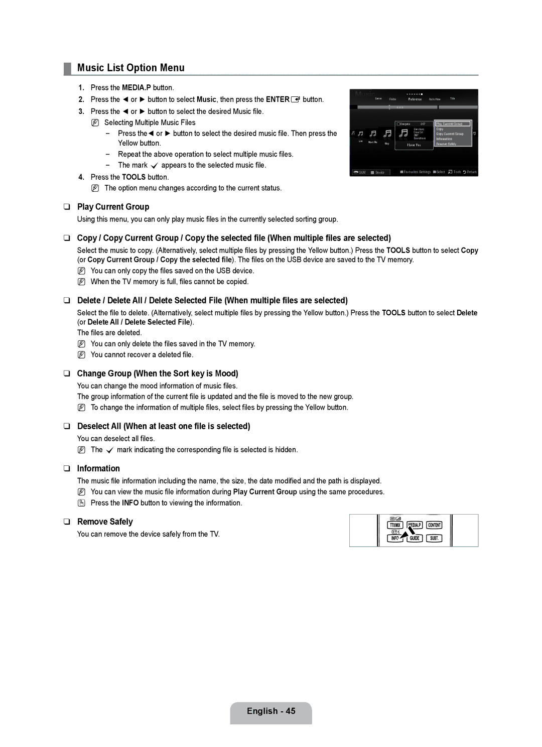 Samsung UE55B7000WWXXC, UE40B7020WWXUA, UE40B7000WWXUA manual Music List Option Menu, Change Group When the Sort key is Mood 