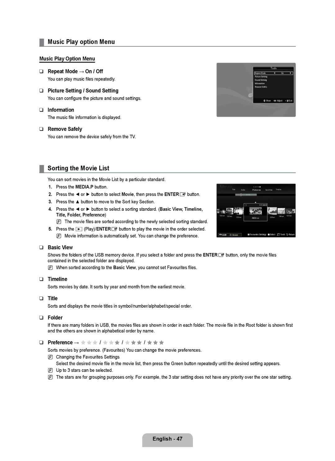 Samsung UE40B7000WWXUA manual Music Play option Menu, Sorting the Movie List, Music Play Option Menu Repeat Mode → On / Off 