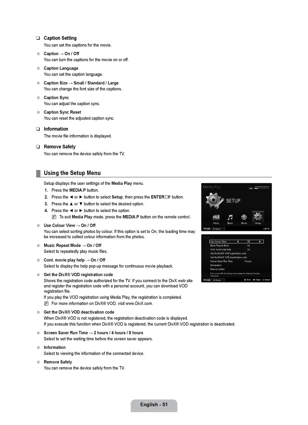 Samsung UE46B7020WWXXN, UE40B7020WWXUA, UE40B7000WWXUA, UE40B7020WWXXN, UE55B7000WWXXN Using the Setup Menu, Caption Setting 